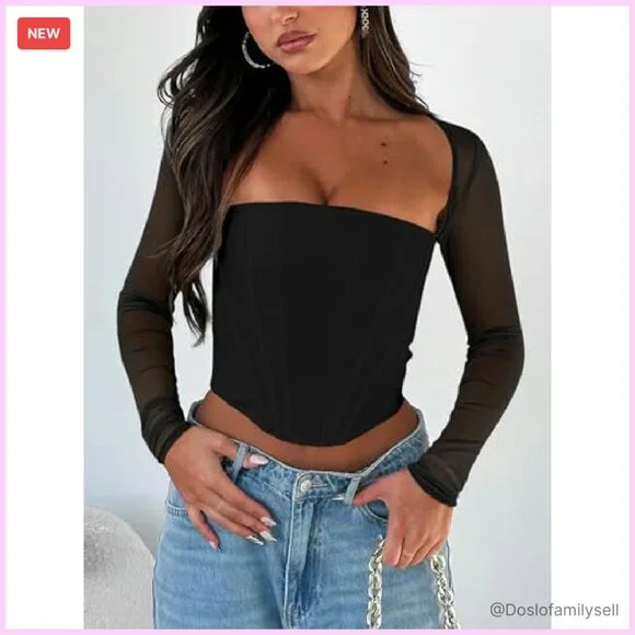 Mesh Long Sleeve Boned Corset Top Y2K Square Neck Bustier Crop Tops - Picture 5 of 8